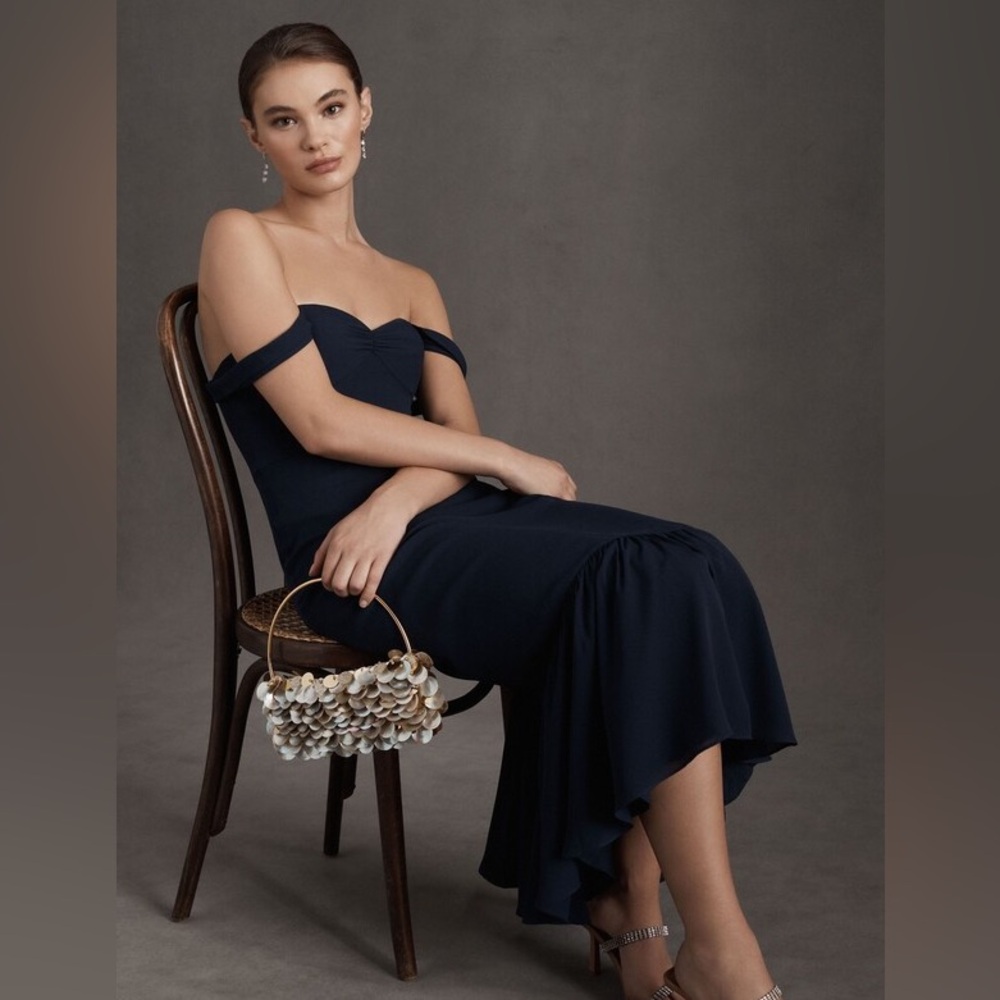 BHLDN Off-Shoulder Navy Midi Dress